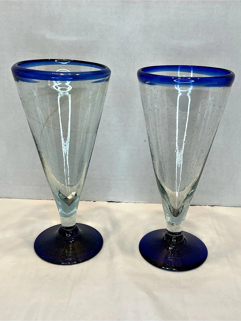 Blue & Clear Pilsner Style Handblown Beer Glasses Set of 2